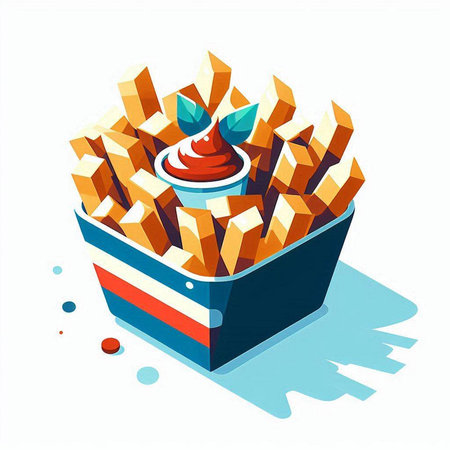 Isometric illustration of french fries in a box on a white backgroundのイラスト素材