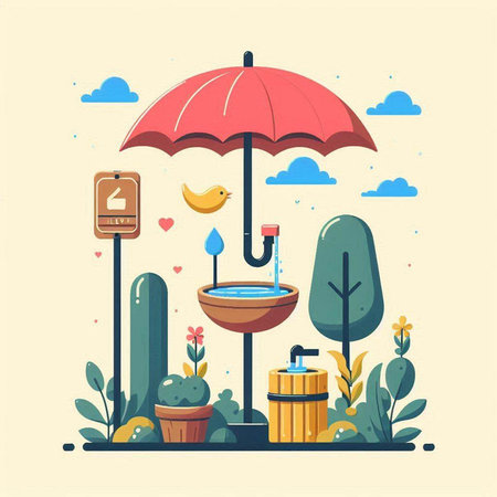 Flat design vector illustration concept of a public park with a water fountain, an umbrella and a birdのイラスト素材