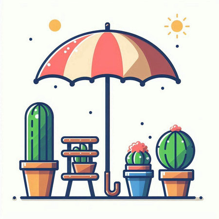Cactuses in pots with umbrella. Flat style vector illustration.のイラスト素材