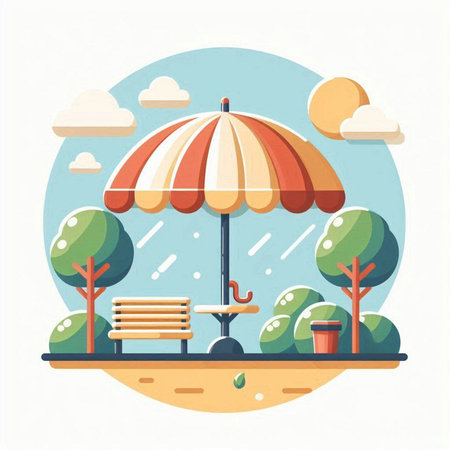 Vector illustration of a bench in the park under an umbrella. Flat style.のイラスト素材