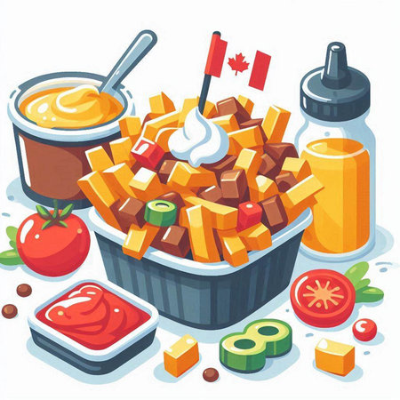 French fries in a bowl with sauce. Vector illustration in cartoon style.のイラスト素材