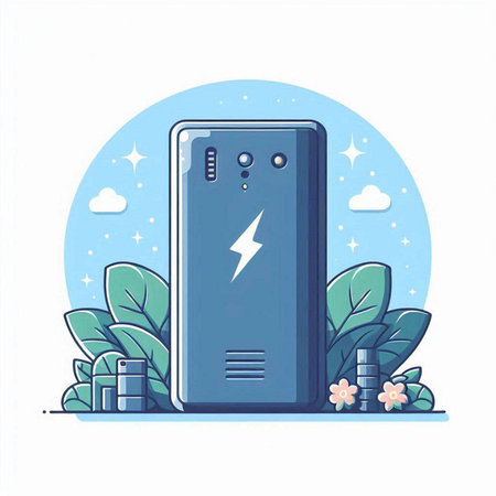 Power bank with lightning on the background of nature. Vector illustration.のイラスト素材
