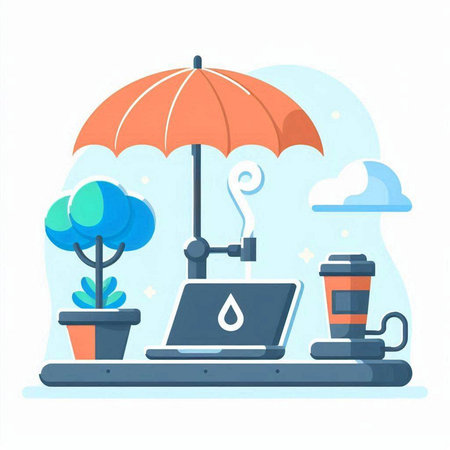 Laptop with coffee cup and umbrella. Vector illustration in flat styleのイラスト素材