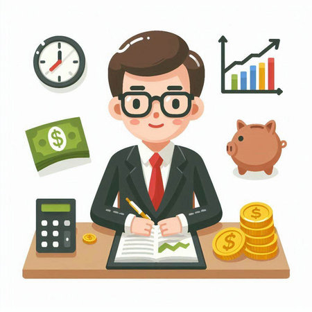 Businessman working at office. Successful business concept. Vector illustration.のイラスト素材
