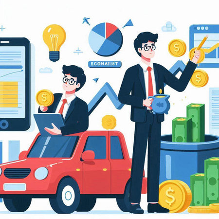 Car insurance concept. Vector illustration in flat style. Businessman with car, laptop, smartphone, coins and piggy bank.のイラスト素材