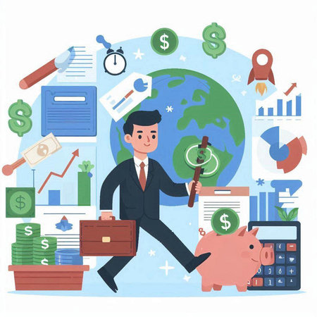 Businessman with piggy bank. Vector illustration in cartoon style.のイラスト素材