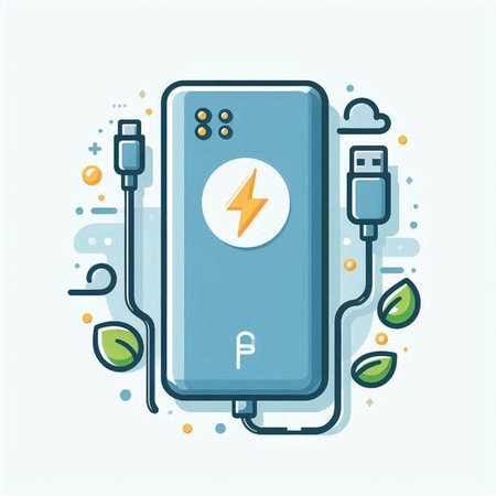 Power bank with charging cable and electric plug. Modern flat line style vector illustration.のイラスト素材