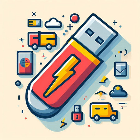Vector illustration of flash drive with colorful icons on light background. Line art design for web, site, advertising, banner, poster, board and print.のイラスト素材