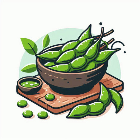 Bowl of fresh green soybeans and pods, vector illustration.のイラスト素材
