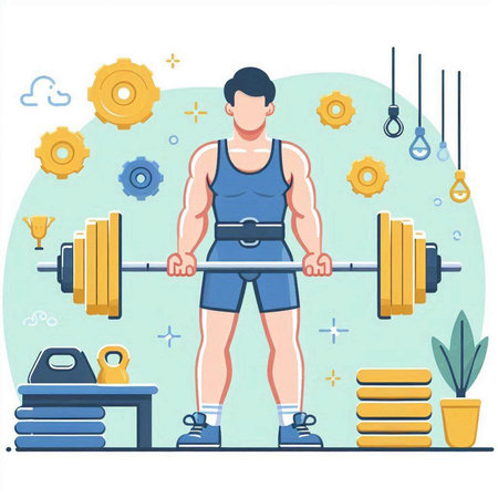 Fitness man doing exercises with barbell. Flat vector illustration.のイラスト素材