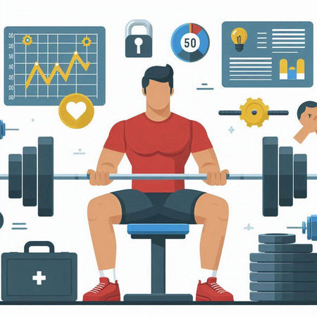 Vector illustration of a man exercising with a barbell in a gym.のイラスト素材