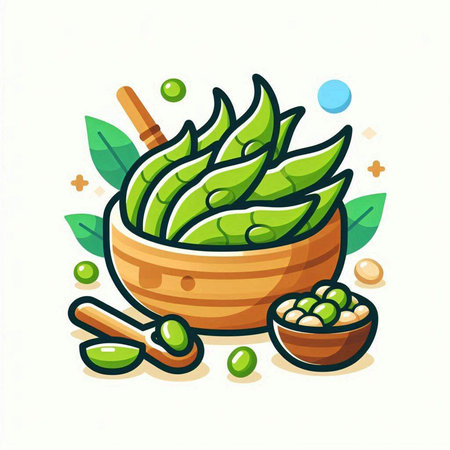 Green soybeans in wooden bowl with spoon and bowl. Vector illustration.のイラスト素材