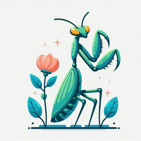 Praying mantis and flower. Vector illustration in flat style.のイラスト素材
