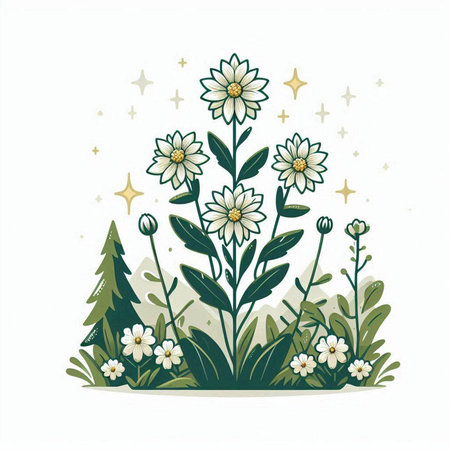 Cute floral background with daisies and stars. Vector illustration.のイラスト素材