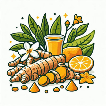 Turmeric, lemon, honey, ginger root and leaves. Vector illustrationのイラスト素材