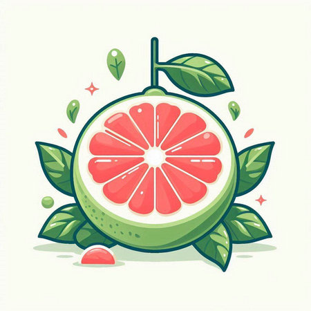 Cute cartoon grapefruit with leaves isolated on white background. Vector illustration.のイラスト素材