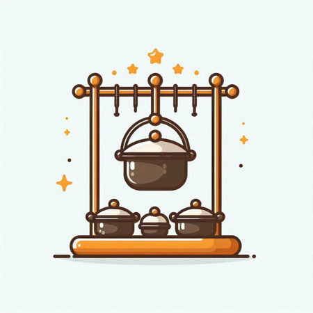 Illustration of a cooking pot on a wooden stand. Vector illustration.のイラスト素材