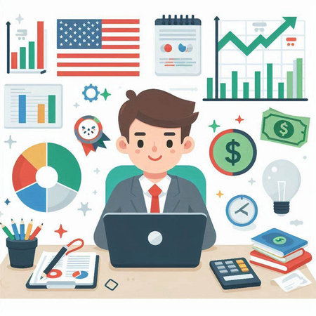 Businessman working at the desk with laptop. Vector illustration in flat style.のイラスト素材