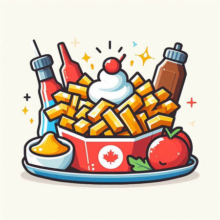 Illustration of a bowl of french fries, ketchup and mayonnaiseのイラスト素材