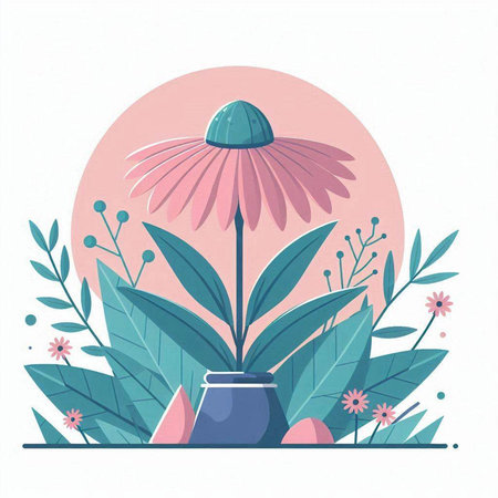Echinacea flower and green leaves. Vector illustration in flat styleのイラスト素材