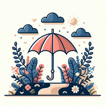 Umbrella in the garden. Vector illustration in flat style.のイラスト素材