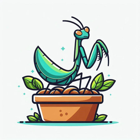 Praying mantis in flowerpot. Hand drawn vector illustration.のイラスト素材