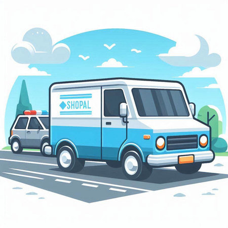 Illustration of a blue van on the road. Vector illustration.のイラスト素材