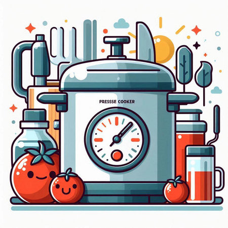 Kitchen equipment. Cooker, meat grinder, tomato sauce, knife, fork, pepper, olive oil, tomato juice. Vector illustrationのイラスト素材