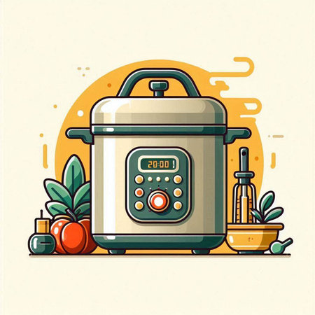 Vector illustration of a modern electric rice cooker on a yellow background.のイラスト素材