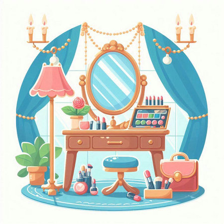 Makeup room with mirror and cosmetics. Vector illustration in flat styleのイラスト素材