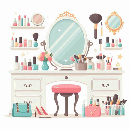 Vector illustration of a set of decorative cosmetics in a dressing table.のイラスト素材