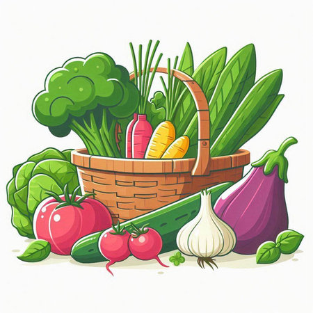 Basket with fresh vegetables. Vector illustration isolated on white background.のイラスト素材
