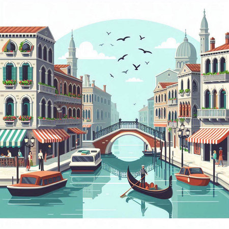 Venice canal with gondolas and boats. Vector illustration.のイラスト素材