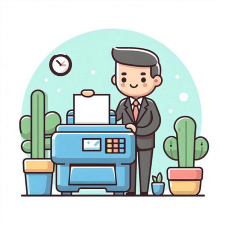 Businessman working at the office with printer. Vector illustration in cartoon style.のイラスト素材