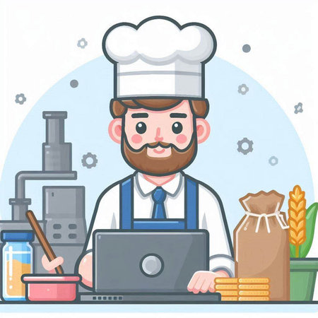 Chef with laptop and food in the kitchen. Vector illustration.のイラスト素材