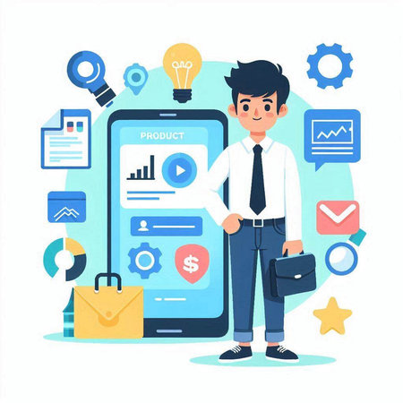 Businessman with a briefcase and a smartphone. Vector illustration in a flat styleのイラスト素材