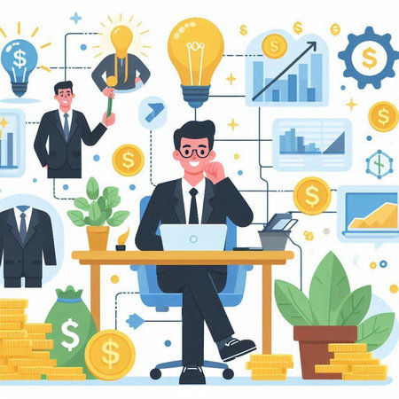 Businessman with laptop, lamp and money. Business concept vector illustrationのイラスト素材