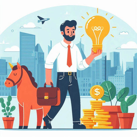 Businessman with a briefcase and a light bulb in his hand. Vector illustration.のイラスト素材