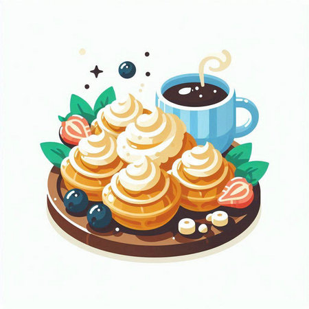Cup of coffee and pancakes with whipped cream. Vector illustration.のイラスト素材