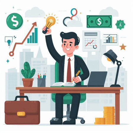 Businessman working in office. Business concept. Vector illustration in cartoon styleのイラスト素材