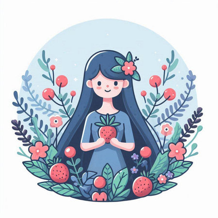 Cute little girl in a wreath of flowers. Vector illustration.のイラスト素材