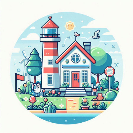 Lighthouse in the park. Vector illustration in a flat style.のイラスト素材