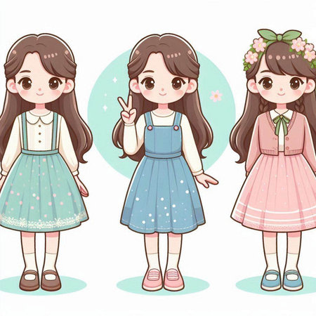 Illustration of a cute little girls with different hairstyles and dressのイラスト素材