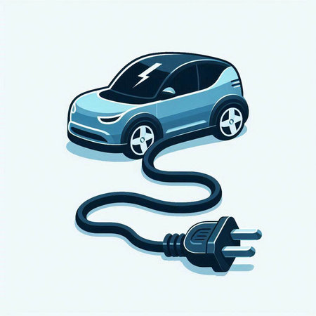 Electric car with plug and cable. Vector illustration. Eps 10.のイラスト素材