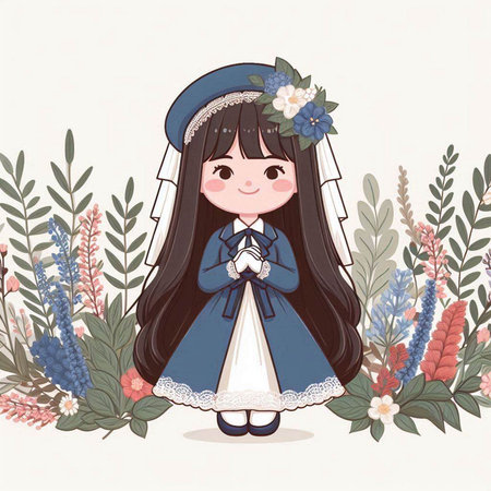 Cute little girl in a wreath of flowers. Vector illustration.のイラスト素材