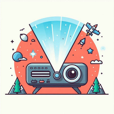 Retro movie projector. Flat line art vector illustration for web and print.のイラスト素材