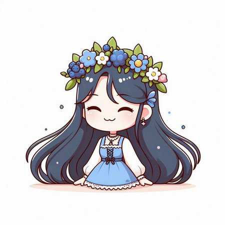 Cute little girl with flowers in her hair. Vector illustration.のイラスト素材