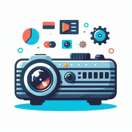 Vector illustration of a digital camera with colorful icons on white background.のイラスト素材