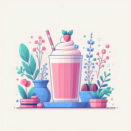 Milkshake with whipped cream and berries. Flat vector illustration.のイラスト素材