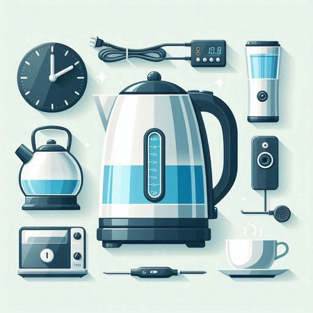 Set of electric kettle and other household appliances. Vector illustration in flat style.のイラスト素材